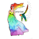 Colorful illustration of a woman in a flowing dress with a parrot, set against a white background.