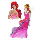 Illustration of two women in pink dresses with flowing fabric on a white background