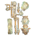 Steampunk-style decorative elements with clocks, pipes, and gears on a white background