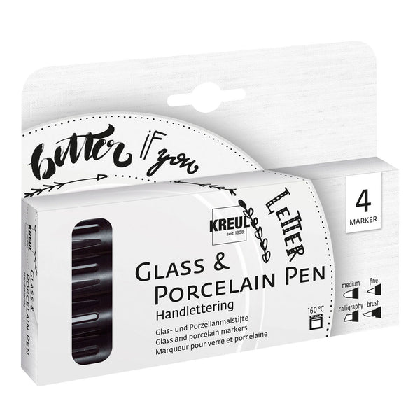 Kreul glass and porcelain pen packaging with 'butter if you' branding on a white background