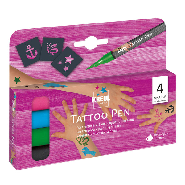 Kreul Tattoo Pen packaging with colourful markers and temporary tattoos on a pink background