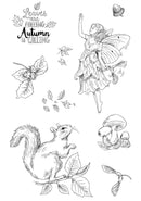 Black and white illustration of a fairy, squirrel, and autumn elements with text 'Leaves are falling Autumn is calling'.