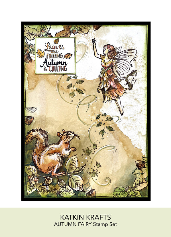 Autumn-themed stamp set with fairy, squirrel, and leaves by Katkin Krafts.