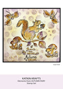 Autumn-themed card with a squirrel, leaves, and mushrooms on a light background.