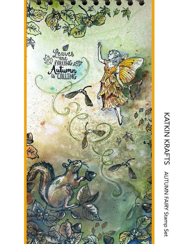 Decorative stamp set with autumn fairy and squirrel design, featuring leaves and butterflies.