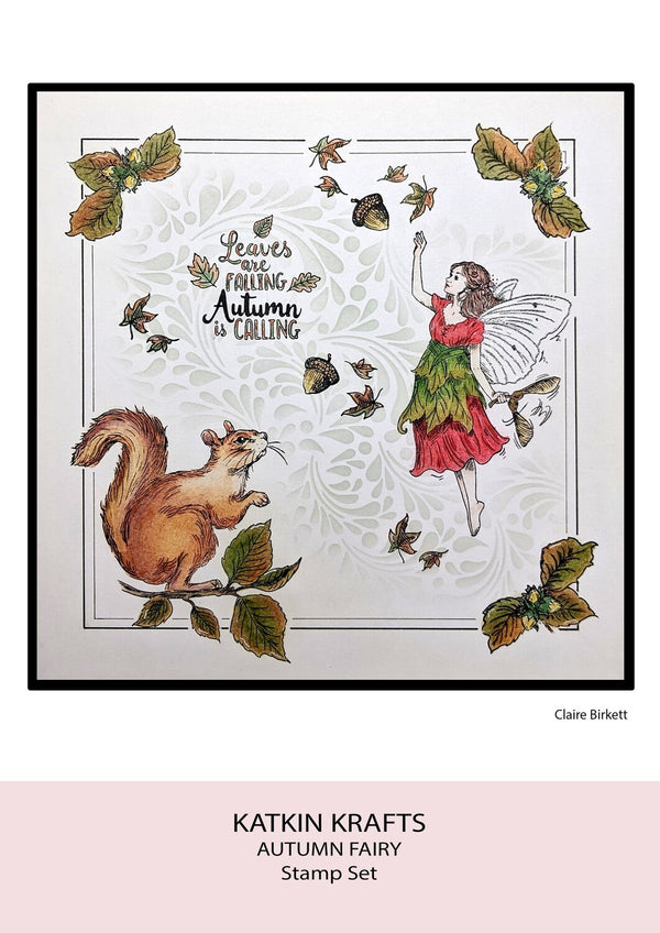 Autumn-themed stamp set with fairy, squirrel, and leaves on a white background.