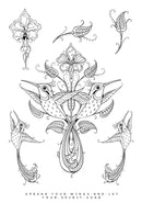 Decorative line art of birds and floral elements on a white background with text.