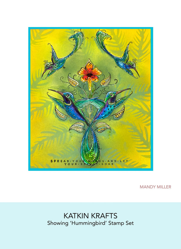 Colorful illustration of hummingbirds and flowers with 'Katkin Krafts' branding on a yellow background.