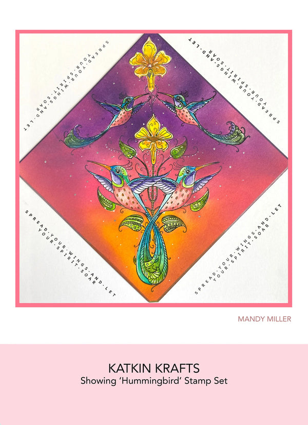 Colorful stamp set with hummingbirds and flowers by Katin Krafts on a pink background.