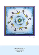 Decorative stamp set with hummingbird design on a blue background, featuring the brand 'Katkin Krafts'.