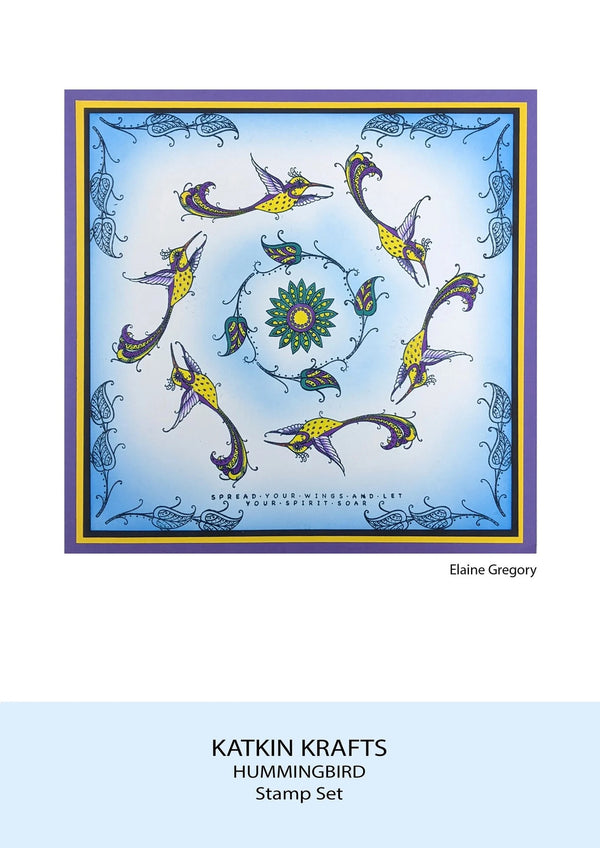 Decorative stamp set with hummingbird design on a blue background, featuring the brand 'Katkin Krafts'.