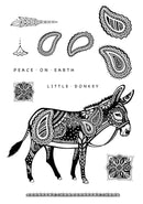 Decorative donkey with paisley patterns and 'Peace on Earth Little Donkey' text on a white background.