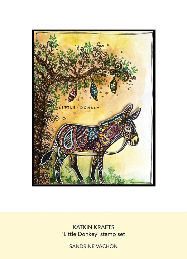 Decorative stamp set featuring a donkey and tree design by Katin Krafts with Sandrine Vachon.