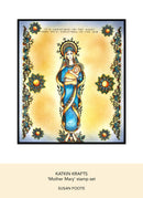 Decorative card featuring an illustration of a woman holding a child with intricate border design, labeled 'Katkin Krafts Mother Mary stamp set' by Susan Foote.