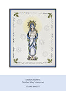 Illustration of Mother Mary holding a baby, framed with decorative elements, on a light blue background.