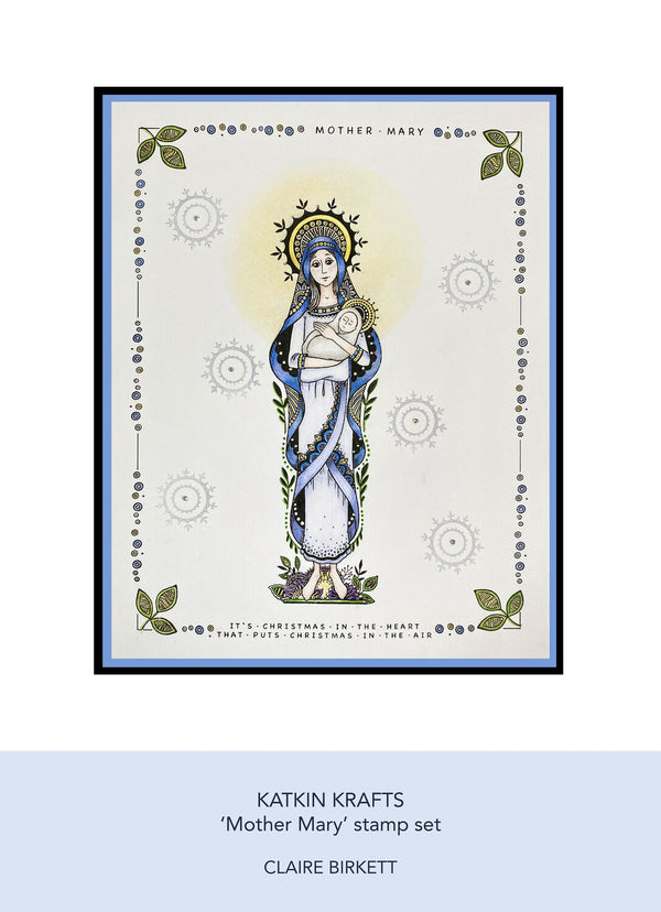 Illustration of Mother Mary holding a baby, framed with decorative elements, on a light blue background.