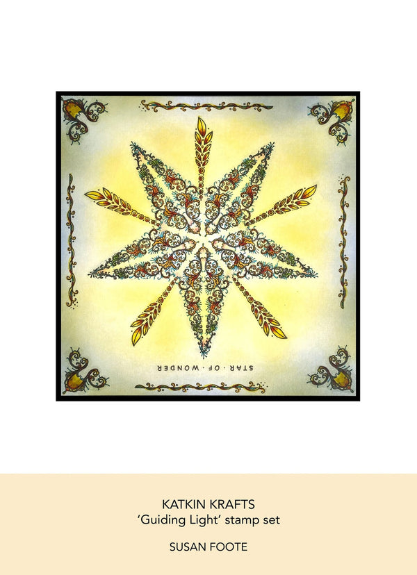 Decorative star design with floral elements on a yellow background, featuring the brand 'Katkin Krafts' and artist 'Susan Foote'.