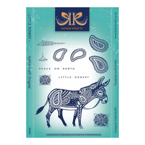 Decorative rubber stamp set with donkey design on a teal background, featuring the brand 'Katkin Krafts'.