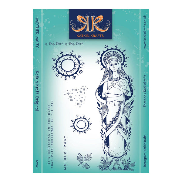 Katin Krafts Mother Mary stamp set packaging on a light blue background