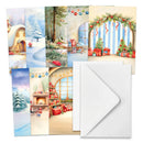Set of Christmas-themed greeting cards with a white envelope on a white background
