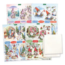 Set of Christmas-themed greeting cards with gnomes and winter scenes, featuring envelopes.