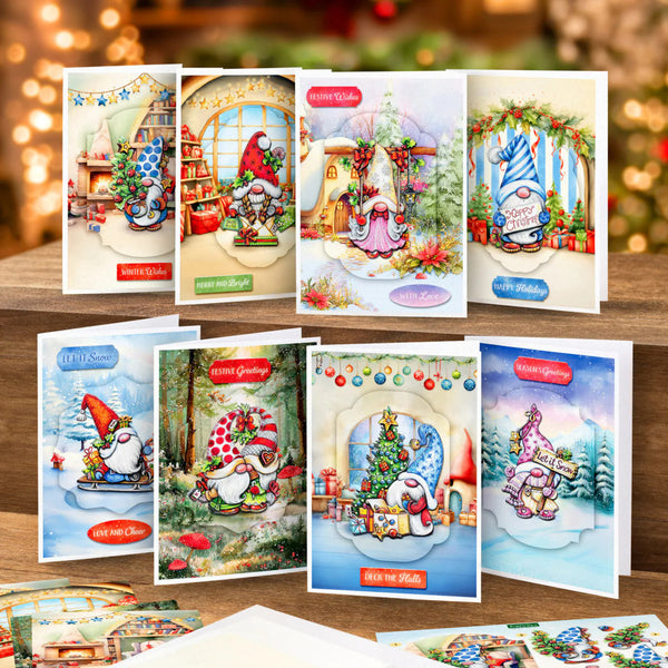 Collection of Christmas greeting cards with festive designs on a wooden surface.