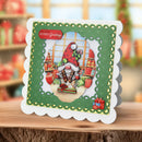 Christmas-themed greeting card with Santa Claus and gift boxes on a decorative background.