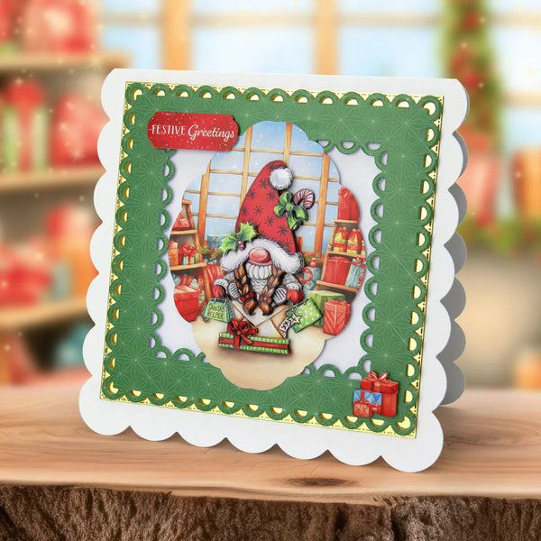 Christmas-themed greeting card with Santa Claus and gift boxes on a decorative background.