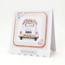 Wedding-themed card with a vintage car and floral decorations on a white background
