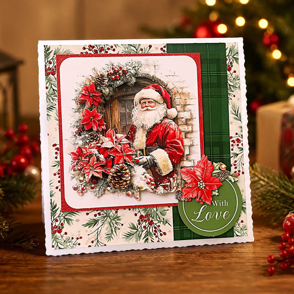 Christmas card with Santa Claus and festive decorations on a wooden surface.