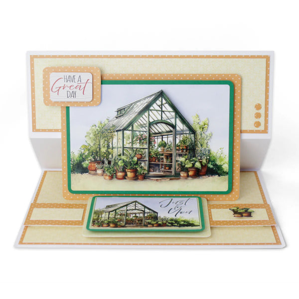 Greeting card with a greenhouse illustration and 'Have a Great Day' text on a white background