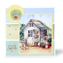Greeting card with a garden shed and plants on a blue polka dot background