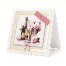 Card with champagne bottle, glasses, and flowers on a white background