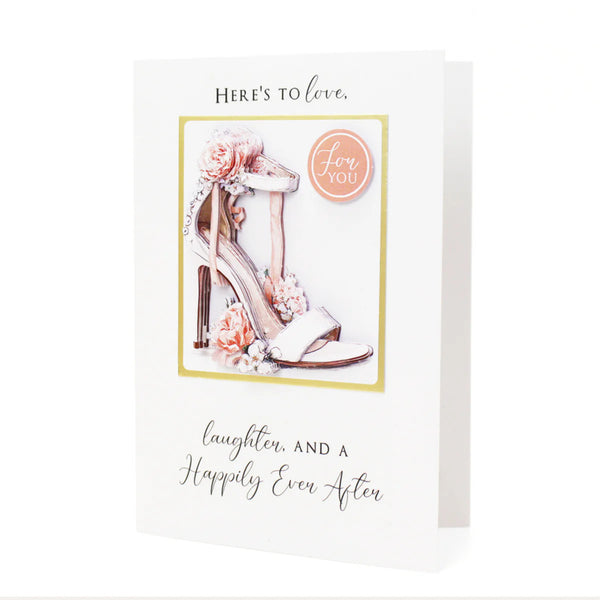 Greeting card with high-heeled shoe illustration and floral elements on a white background