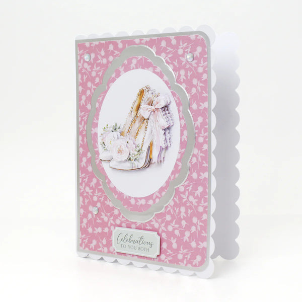 Decorative card with floral pattern and cake illustration on a white background