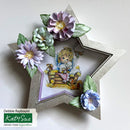 Decorative star-shaped card with floral elements and an angel illustration on a white background.