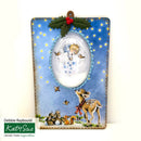 Decorative Christmas card with a child, deer, and animals on a blue starry background.