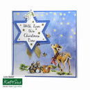 Christmas card with animals and a star-shaped banner on a blue background