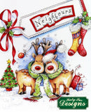 Christmas-themed card with reindeer, stockings, and festive elements, featuring the brand 'Kathy Fee Designs'.