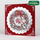 Decorative card with a wreath design featuring hearts and a bow on a red background, branded 'Kathy Nee Designs'.