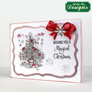Christmas card with a decorated tree, red bow, and snowflakes on a white background.