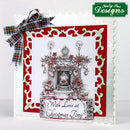 Christmas-themed card with a fireplace illustration, decorative border, and plaid bow on a white background.