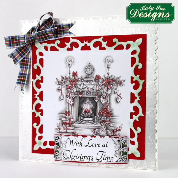 Christmas-themed card with a fireplace illustration, decorative border, and plaid bow on a white background.