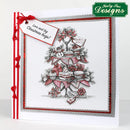 Christmas-themed card with a tree design, red ribbons, and a tag, featuring Katy Sue Designs branding.