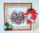 Greeting card with teddy bears, teapot, and tea cups on a decorative background