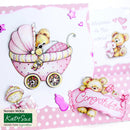 Baby shower card with teddy bear in a stroller and 'Congratulations' text on a pink background.