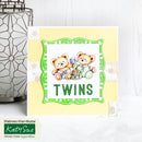 Card with teddy bears and 'TWINS' text on a yellow background, featuring Katy Sue design.