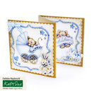 Baby-themed card with teddy bear, car, and rabbit design on a white background