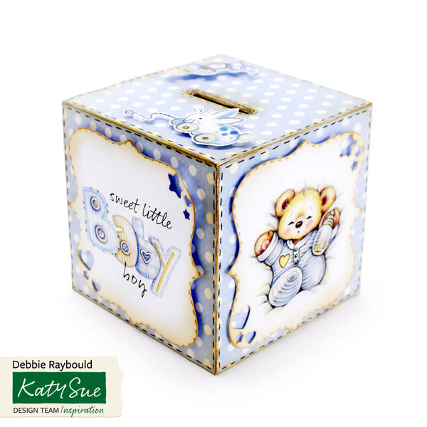 Decorative baby money box with teddy bear design and text on a white background