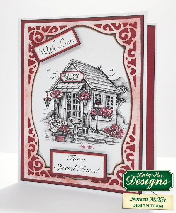 Card with a garden shed illustration and decorative border, featuring the Katy Sue Designs logo.